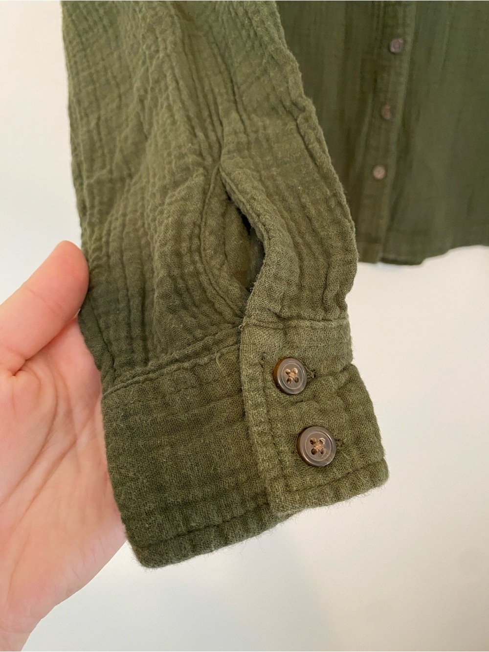 Olive Green Button-Front Gauze Blouse - Picture 6 of 9